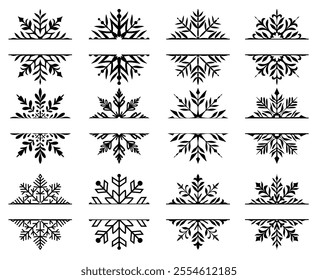 Set of split snowflake frames different shapes and silhouettes