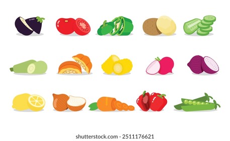 Um conjunto de vegetais Divididos, Cenoura, milho, pepino, Daikon, berinjela, pimenta quente, limão, ervilhas, abóbora, rabanete, cebola vermelha, batata, tomate, cebola doce, abobrinha, simples ilustração vetor plana.