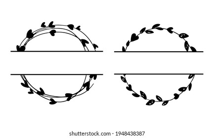 Set of Split wedding monogram. Around frames. Hand drawn Wreaths for wedding invitation, birthday card, Valentins Day decor. Vector illustration for holiday. For Mr and Mrs, new family name frames.