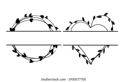 Set Of Split Wedding Monogram. Around And Heart Shape Frames. Hand Drawn Wreaths For Wedding Invitation, Birthday Card, Valentins Day Decor. Vector Illustration For Mr And Mrs, New Family Name Frames.