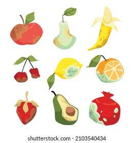 Set of spoiled, rotten fruits with mold, bacilli, fungi in flat vector illustration isolated on white background. Unhygienic, unhealthy moldy food. Different fruit collection