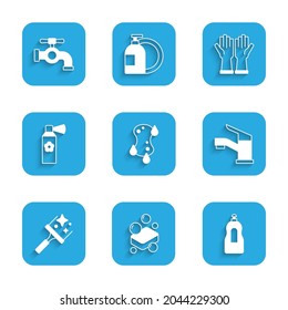 Set Sponge, Bar of soap, Dishwashing liquid bottle, Water tap, Rubber cleaner for windows, Air freshener spray, gloves and  icon. Vector