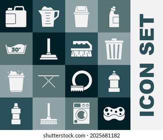 Set Sponge, Bottle for cleaning agent, Trash can, Rubber plunger, Temperature wash,  and Brush icon. Vector