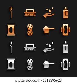 Set Sponge, Bottle for cleaning agent, Sanitary napkin, Washing powder, Wet wipe pack, hands with soap, Toothbrush and Brush icon. Vector