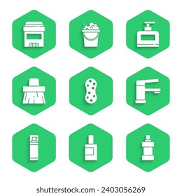 Set Sponge, Bottle for cleaning agent, Water tap, Shaving gel foam, Handle broom, of shampoo and Antiperspirant deodorant roll icon. Vector