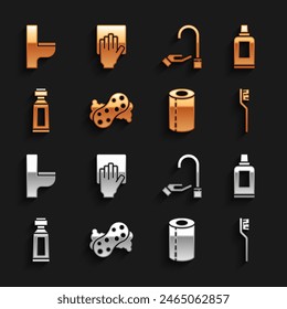 Set Sponge, Bottle for cleaning agent, Toothbrush, Paper towel roll, Tube of toothpaste, Washing hands with soap, Toilet bowl and Cleaning service icon. Vector