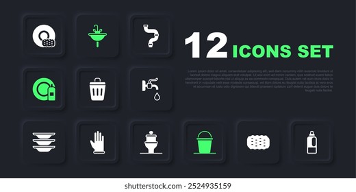 Set Sponge, Bottle for detergent, Trash can, Bucket, Dishwashing bottle and plate, Rubber gloves, Washbasin and Toilet bowl icon. Vector