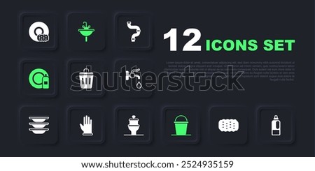 Set Sponge, Bottle for detergent, Trash can, Bucket, Dishwashing bottle and plate, Rubber gloves, Washbasin and Toilet bowl icon. Vector