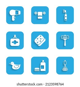 Set Sponge, Bottle of shampoo, Toilet brush, Shaving razor, Rubber duck, Perfume, Electric toothbrush and Hair dryer icon. Vector