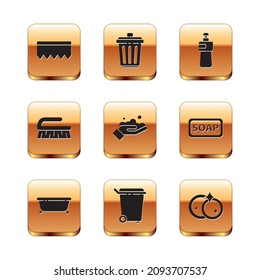 Set Sponge with bubbles, Bathtub, Trash can, Washing hands soap, Brush for cleaning, Dishwashing liquid bottle, dishes and  icon. Vector