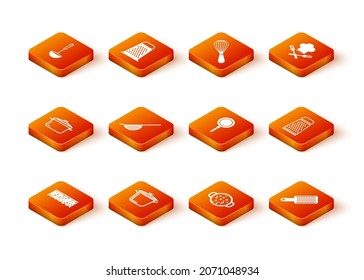 Set Sponge with bubbles, Cooking pot, Kitchen colander, soup, Frying pan, Grater and  icon. Vector