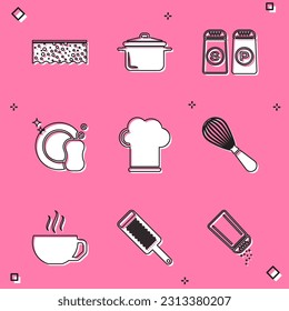 Set Sponge with bubbles, Cooking pot, Salt and pepper, Washing dishes, Chef hat, Kitchen whisk, Coffee cup and Grater icon. Vector