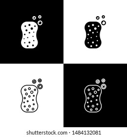 Set Sponge With Bubbles Icon Isolated On Black And White Background. Wisp Of Bast For Washing Dishes. Cleaning Service Logo.  Vector Illustration