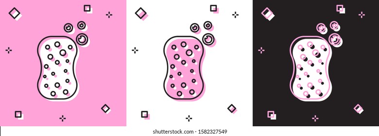 Set Sponge with bubbles icon isolated on pink and white, black background. Wisp of bast for washing dishes. Cleaning service logo.  Vector Illustration