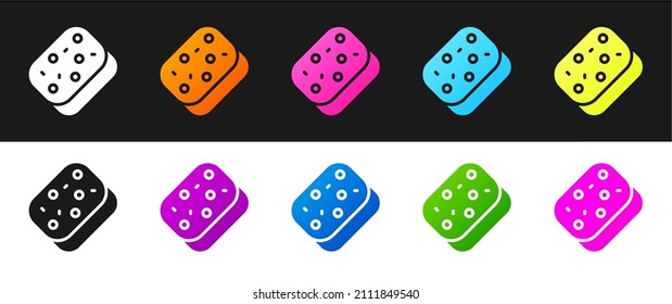 Set Sponge with bubbles icon isolated on black and white background. Wisp of bast for washing dishes. Cleaning service logo.  Vector