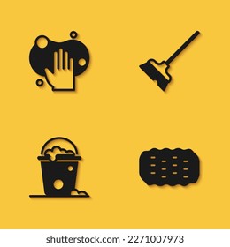 Set Sponge, Bucket with foam and bubbles and Mop icon with long shadow. Vector