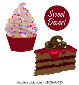 set of sponge cake with whipped cream and sprinkles, as well as a piece of chocolate cake with chocolate slices and raspberry syrup. vector. sweet dessert.