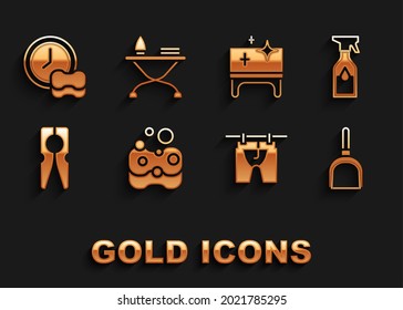 Set Sponge, Cleaning spray bottle, Dustpan, Drying clothes, Clothes pin, table, Washing dishes and Iron and ironing board icon. Vector