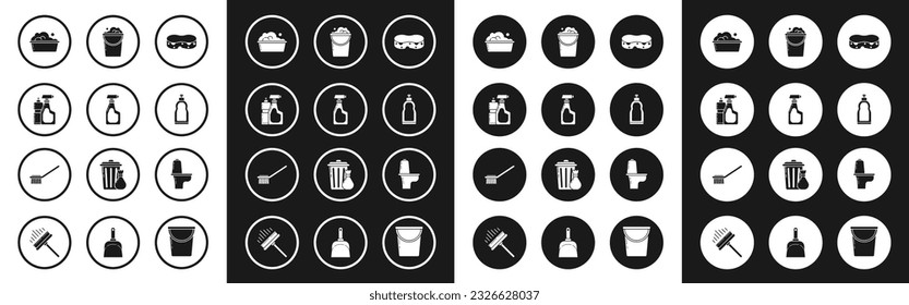 Ponga Esponja, Botella de pulverización de limpieza con líquido detergente, Botellas de plástico para lavado de lavado, sopas de jabón de cuenca, Espuma de cubo y burbujas, Cubo de inodoro e icono de pincel. Vector