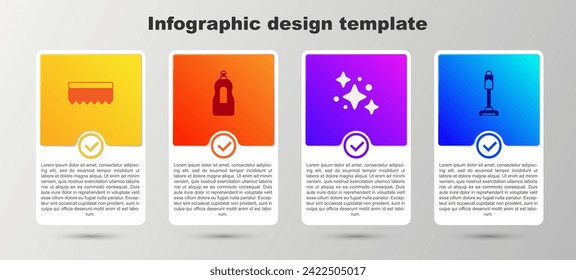 Ponga esponja, botella de líquido lavavajillas, servicio de limpieza en el hogar y limpiador de vacío. Plantilla de infografía empresarial. Vector