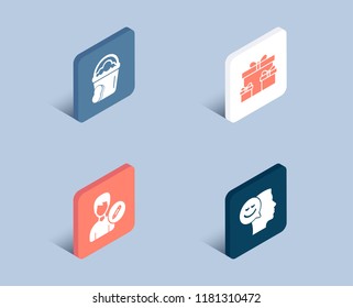Set of Sponge, Edit person and Surprise boxes icons. Good mood sign. Cleaner bucket, Change user info, Holiday gifts. Positive thinking.  3d isometric buttons. Flat design concept. Vector