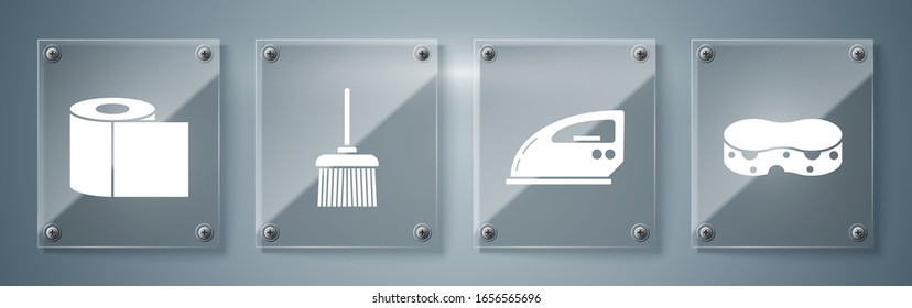 Set Sponge , Electric iron , Handle broom  and Toilet paper roll . Square glass panels. Vector