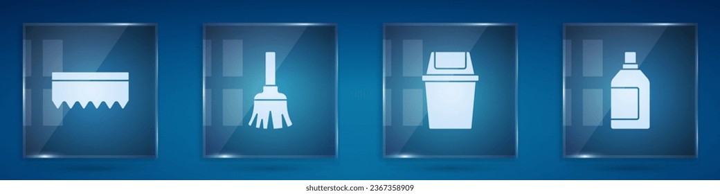Set Sponge, Feather broom, Trash can and Bottle for cleaning agent. Square glass panels. Vector