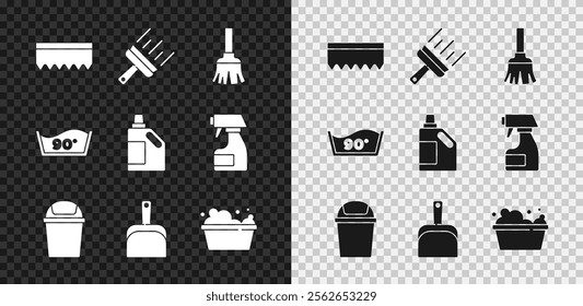 Set Sponge, Rubber cleaner for windows, Feather broom, Trash can, Dustpan, Basin with soap suds, Temperature wash and Bottle cleaning agent icon. Vector