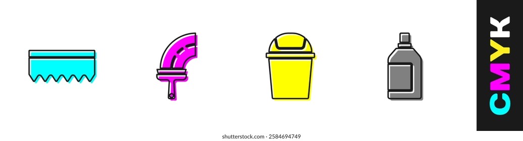 Set Sponge, Rubber cleaner for windows, Trash can and Bottle cleaning agent icon. Vector