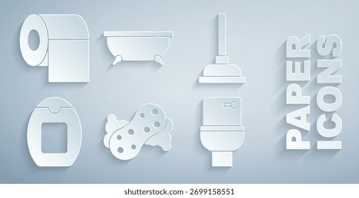 Set Schwamm, Gummikolben, Flasche Shampoo, Toilettenschüssel, Badewanne und Papierrollen-Symbol. Vektorgrafik