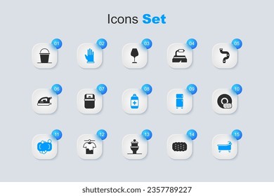 Ponga esponja, lata de basura, guantes de goma, jabón, bañera, lavadora, cubo e icono antibacteriano. Vector