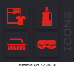 Set Sponge , Washer and t-shirt , Plastic bottles for liquid dishwashing liquid and Brush for cleaning  icon. Vector
