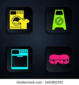 Set Sponge , Washer and t-shirt , Washer  and Wet floor and cleaning in progress . Black square button. Vector