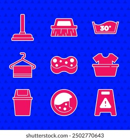 Set Sponge, Washer, Wet floor, Basin with shirt, Trash can, Towel hanger, Temperature wash and Rubber plunger icon. Vector