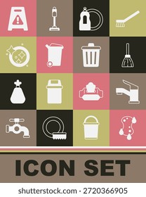 Set Esponja, grifo de agua, manija escoba, lavavajillas botella de líquido, cubo de basura, lavar platos, piso húmedo e icono. Vector