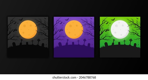 Set Of Spooky Backgrounds In Different Colors With Silhouette Of A Graveyard, Trees And Bats. Background For Advertising Banners Or Posters For Halloween Sale.Vector Illustration.