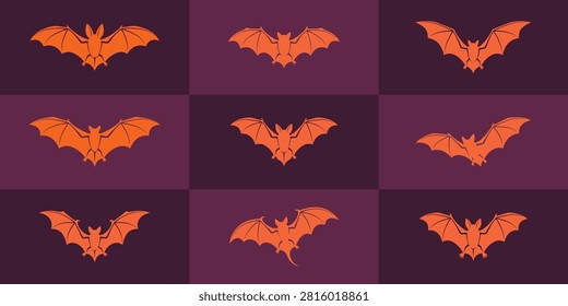 Set of spooky bat silhouettes in halloween grid frame with halloween, silhouette