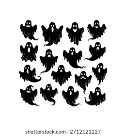 Set of spooky black ghost silhouettes for halloween decorations and designs