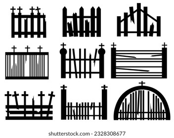 Set with spooky broken fence in simple silhouette style. Vector Halloween illustration