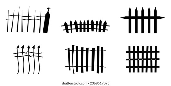 Set with spooky broken fence in simple silhouette style. Vector Halloween illustration. Cemetery gate collection of Halloween vector isolated on white background. scary, haunted creepy fence element.