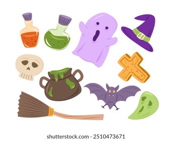 Set of Spooky Cartoon Characters and Elements for Halloween Concept Illustration