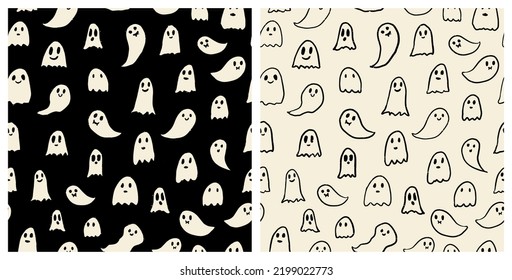 Set of spooky cartoon ghosts seamless repeat pattern. Cute, vector halloween all over surface print bundle in black and white.