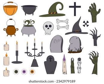 A set of spooky cartoon Halloween icons. Clip art elements. Retro style. Trick-or-treat. Festive symbols isolated on white background. Magic collection.
