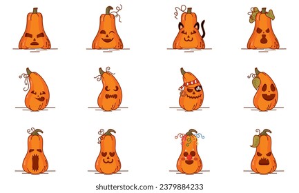 Set of spooky carved halloween pumpkin icons Vector
