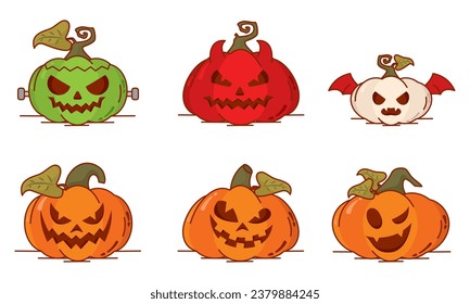 Set of spooky carved halloween pumpkin icons Vector