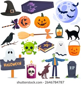 Conjunto de personagens assustadores e decorações festivas halloween doodle coleção revelado