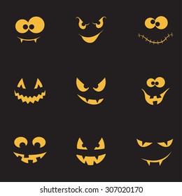 Set of spooky and crazy pumpkins, ghosts and monsters faces in the dark for Halloween design