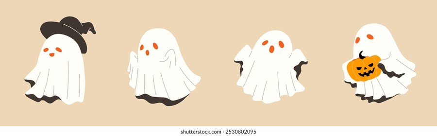 Conjunto de fantasmas lindos espeluznantes para Halloween. Personajes con expresiones divertidas. Concepto de monstruos de miedo, truco o trato, Elementos espirituales misteriosos, decoración de Halloween. Ilustración vectorial plana.