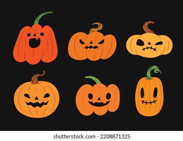 Eine Sammlung von lustigen und lustigen Kürbisvektorgrafiken zur Halloween-Dekoration. Jack-o'-Laterne Monster für Oktober. Halloween-Feier. Flacher Vektorgrafik-Charakter. 
