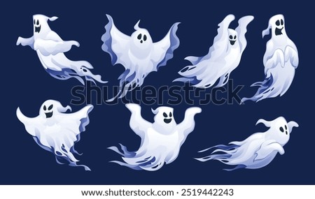Set of spooky ghost characters in different flying poses. Vector cartoon illustration